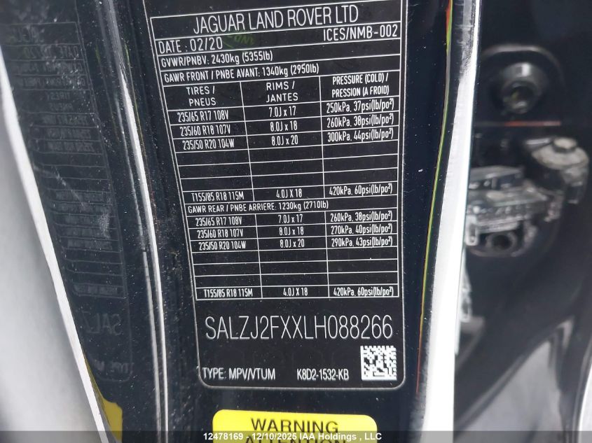 2020 Land Rover Range Rover Evoque P250 S VIN: SALZJ2FXXLH088266 Lot: 12478169