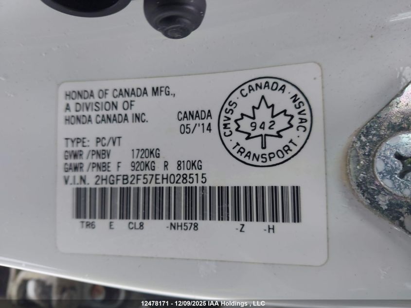 2014 Honda Civic Ex 4Dr VIN: 2HGFB2F57EH028515 Lot: 12478171