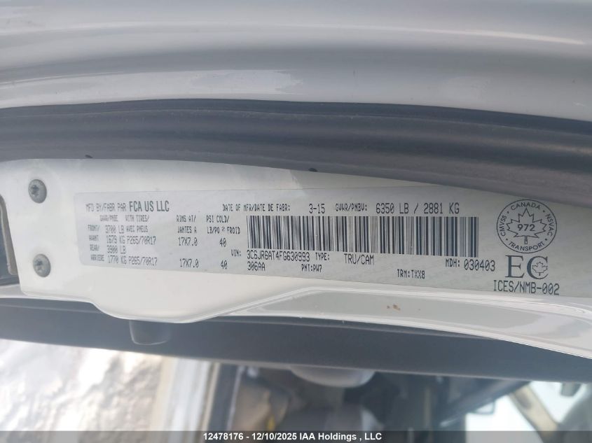 2015 Ram 1500 St VIN: 3C6JR6AT4FG630993 Lot: 12478176