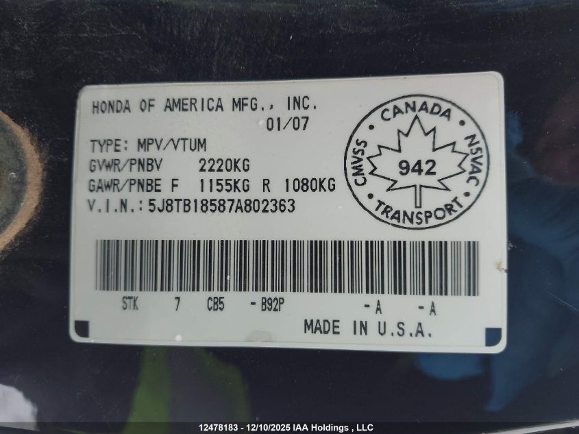 2007 Acura Rdx VIN: 5J8TB18587A802363 Lot: 12478183