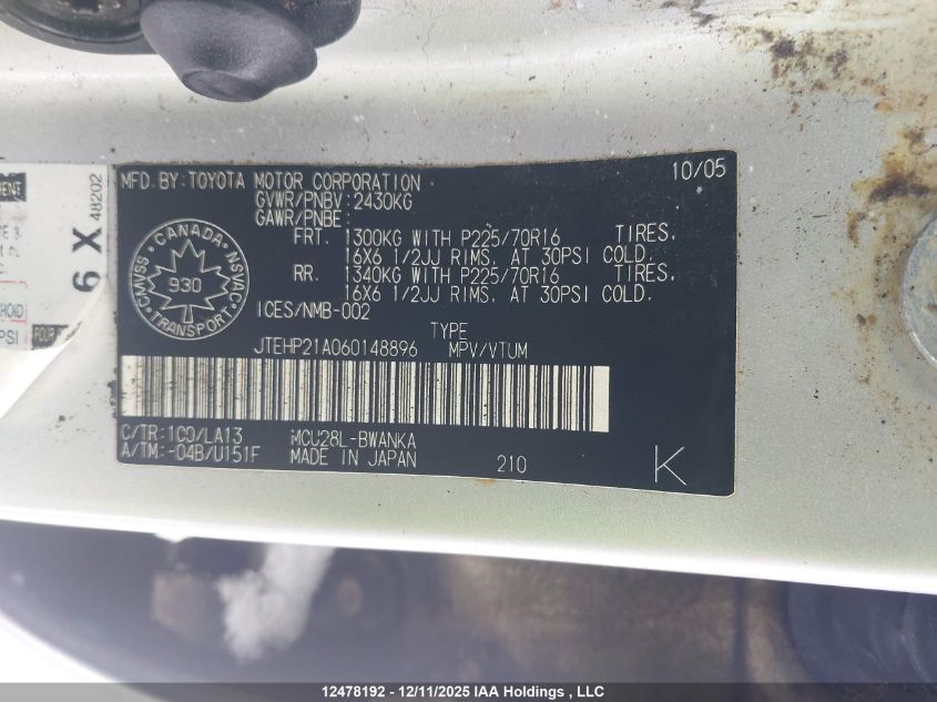 2006 Toyota Highlander Limited VIN: JTEHP21A060148896 Lot: 12478192