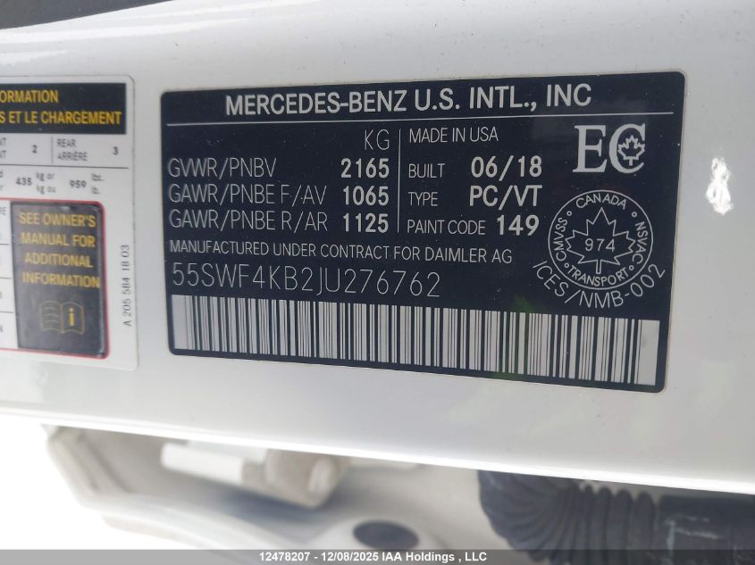 2018 Mercedes-Benz C 300 4Matic VIN: 55SWF4KB2JU276762 Lot: 12478207