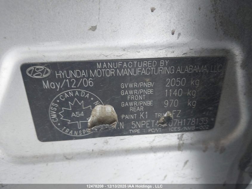 2007 Hyundai Sonata VIN: 5NPET46F07H178133 Lot: 12478208