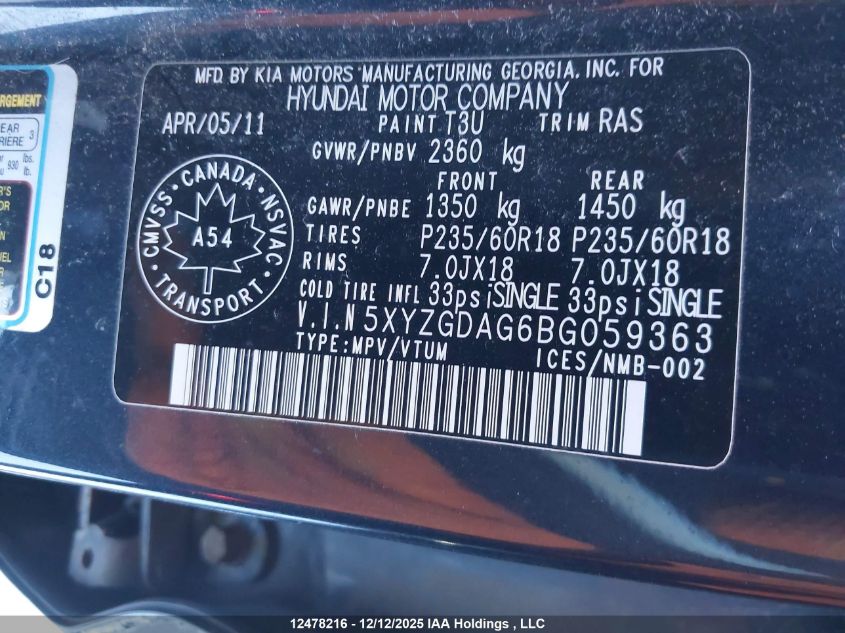 2011 Hyundai Santa Fe VIN: 5XYZGDAG6BG059363 Lot: 12478216