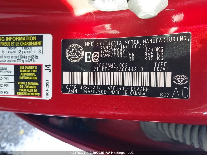 2010 Toyota Corolla VIN: 2T1BE4EE8AC044213 Lot: 12478222