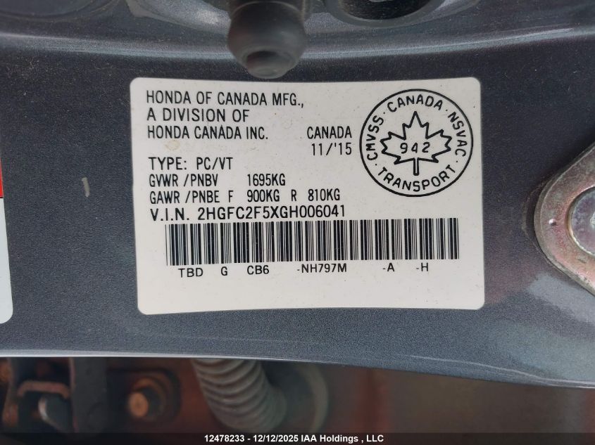 2016 Honda Civic VIN: 2HGFC2F5XGH006041 Lot: 12478233