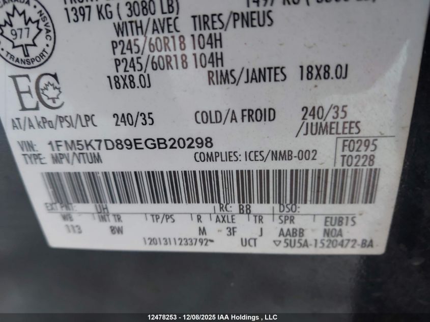 2014 Ford Explorer Xlt VIN: 1FM5K7D89EGB20298 Lot: 12478253