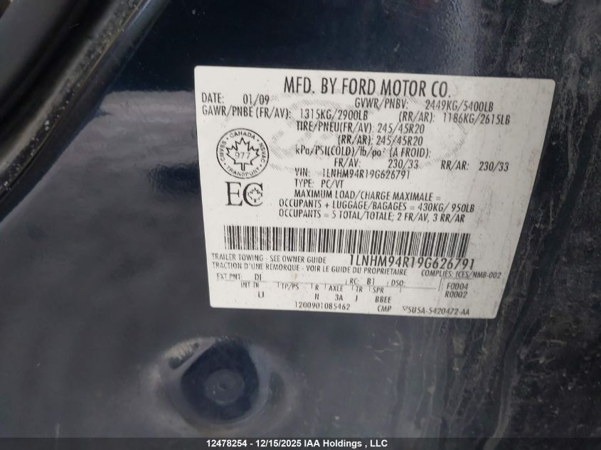 2009 Lincoln Mks VIN: 1LNHM94R19G626791 Lot: 12478254