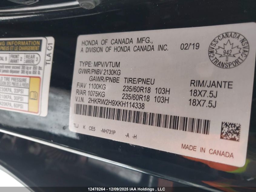 2019 Honda Cr-V VIN: 2HKRW2H9XKH114338 Lot: 12478264