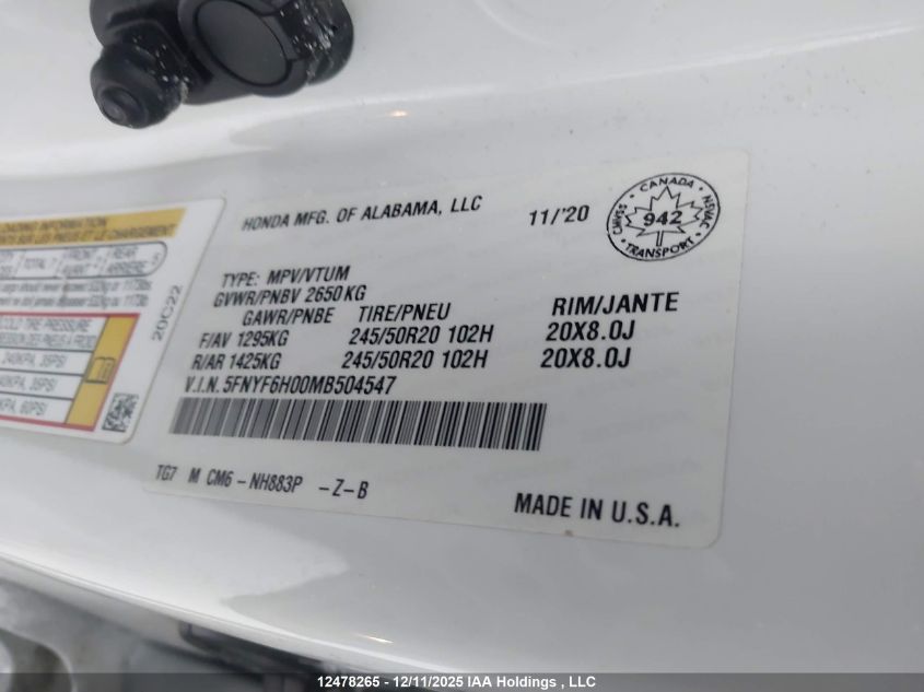 2021 Honda Pilot Black Edition VIN: 5FNYF6H00MB504547 Lot: 12478265