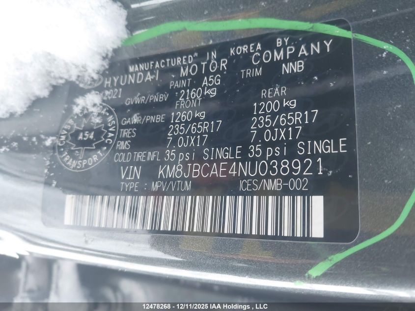 2022 Hyundai Tucson VIN: KM8JBCAE4NU038921 Lot: 12478268