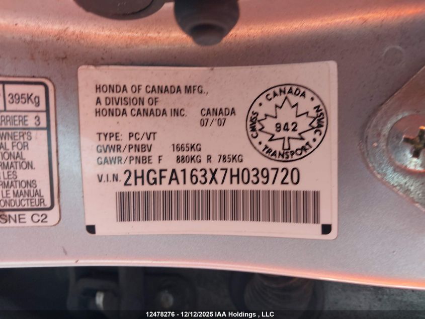 2007 Honda Civic Dx-G VIN: 2HGFA163X7H039720 Lot: 12478276