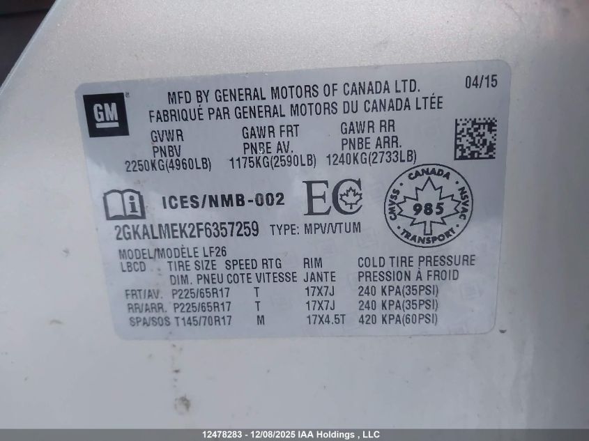 2015 GMC Terrain Sle-1 VIN: 2GKALMEK2F6357259 Lot: 12478283