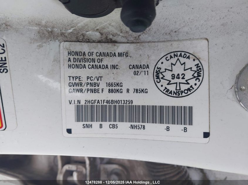 2011 Honda Civic Dx-G VIN: 2HGFA1F46BH013259 Lot: 12478288