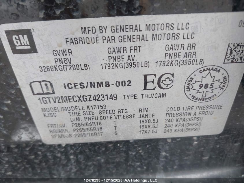2016 GMC Sierra 1500 Sle VIN: 1GTV2MECXGZ423149 Lot: 12478295