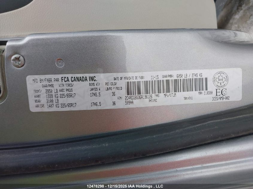 2016 Dodge Grand Caravan VIN: 2C4RDGBG3GR196126 Lot: 12478298