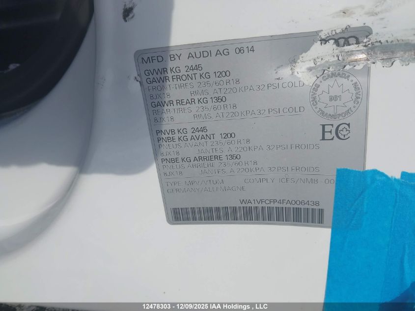 2015 Audi Q5 2.0T Technik VIN: WA1VFCFP4FA006438 Lot: 12478303