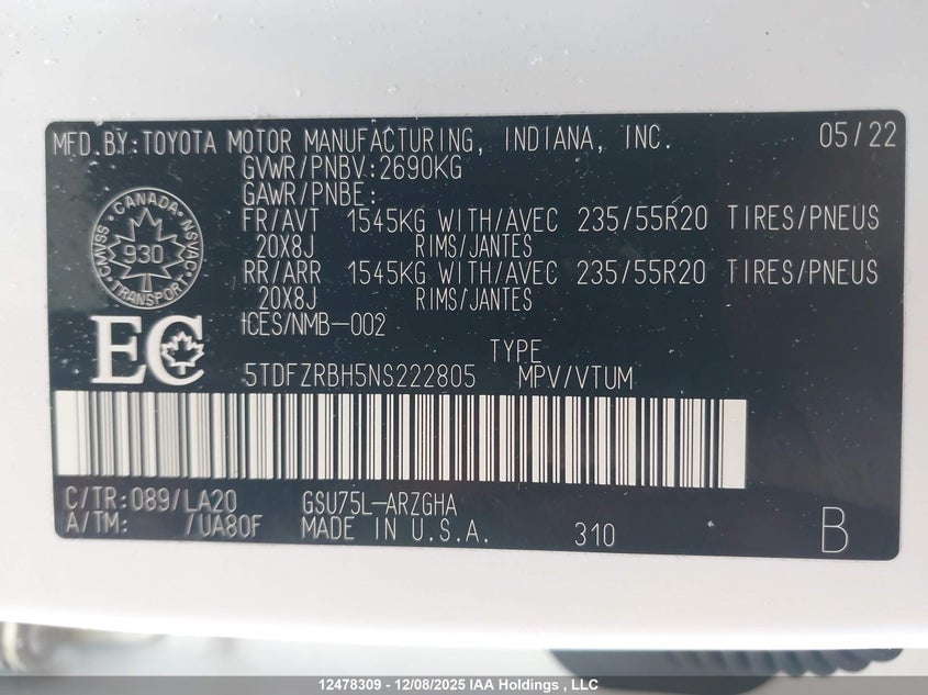 5TDFZRBH5NS222805 2022 TOYOTA HIGHLANDER photo no. 18