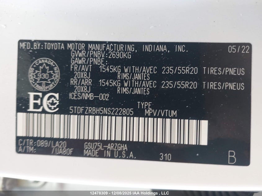 5TDFZRBH5NS222805 2022 TOYOTA HIGHLANDER photo no. 9