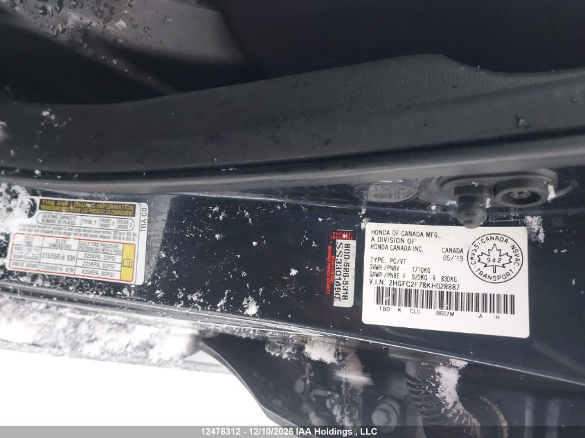 2019 Honda Civic VIN: 2HGFC2F78KH028887 Lot: 12478312