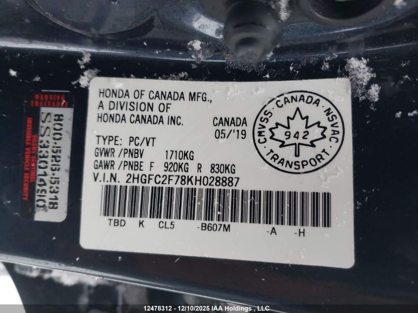 2019 Honda Civic VIN: 2HGFC2F78KH028887 Lot: 12478312