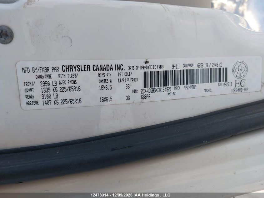 2012 Dodge Grand Caravan Se VIN: 2C4RDGBGXCR154921 Lot: 12478314