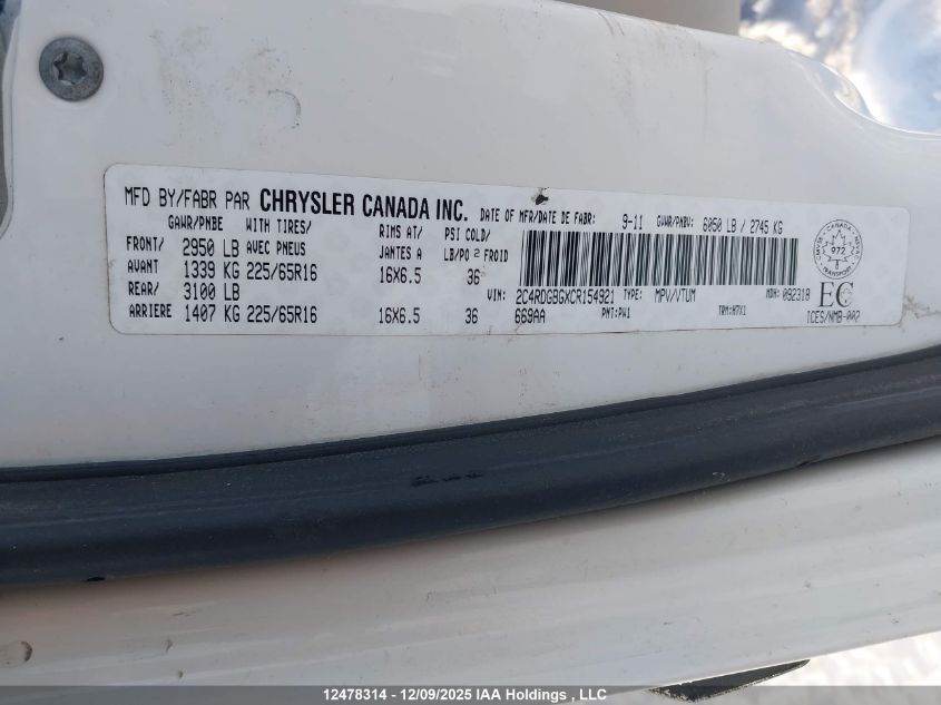 2012 Dodge Grand Caravan Se VIN: 2C4RDGBGXCR154921 Lot: 12478314