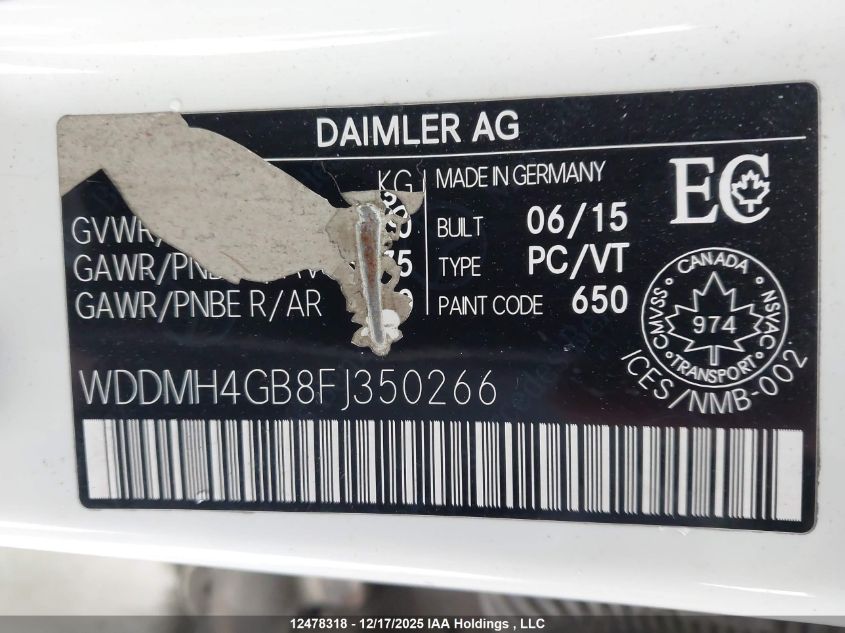 2015 Mercedes-Benz B 250 4Matic Sports Tourer VIN: WDDMH4GB8FJ350266 Lot: 12478318