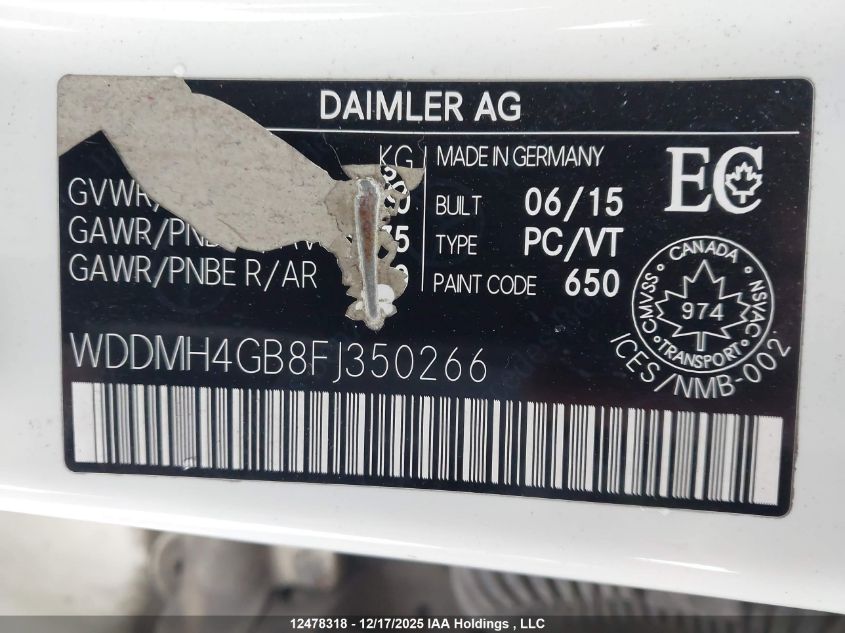 2015 Mercedes-Benz B 250 4Matic Sports Tourer VIN: WDDMH4GB8FJ350266 Lot: 12478318