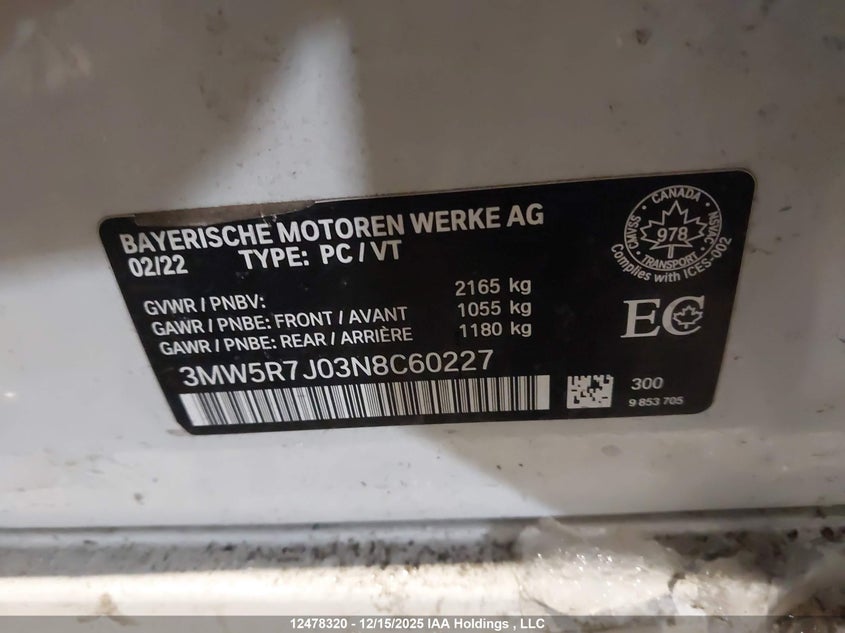 2022 BMW 330I xDrive VIN: 3MW5R7J03N8C60227 Lot: 12478320