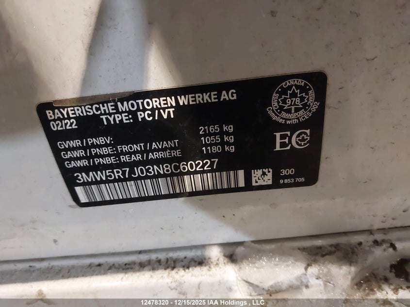 2022 BMW 330I xDrive VIN: 3MW5R7J03N8C60227 Lot: 12478320