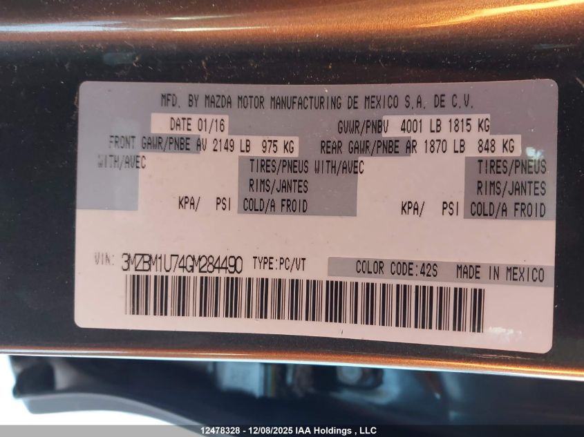 2016 Mazda 3 Sport VIN: 3MZBM1U74GM284490 Lot: 12478328