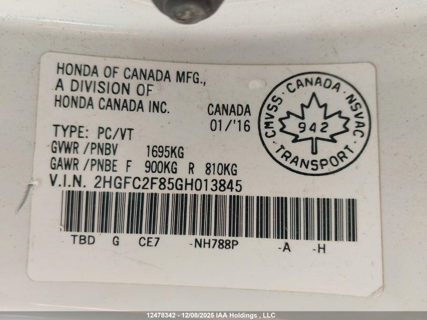 2016 Honda Civic Ex VIN: 2HGFC2F85GH013845 Lot: 12478342