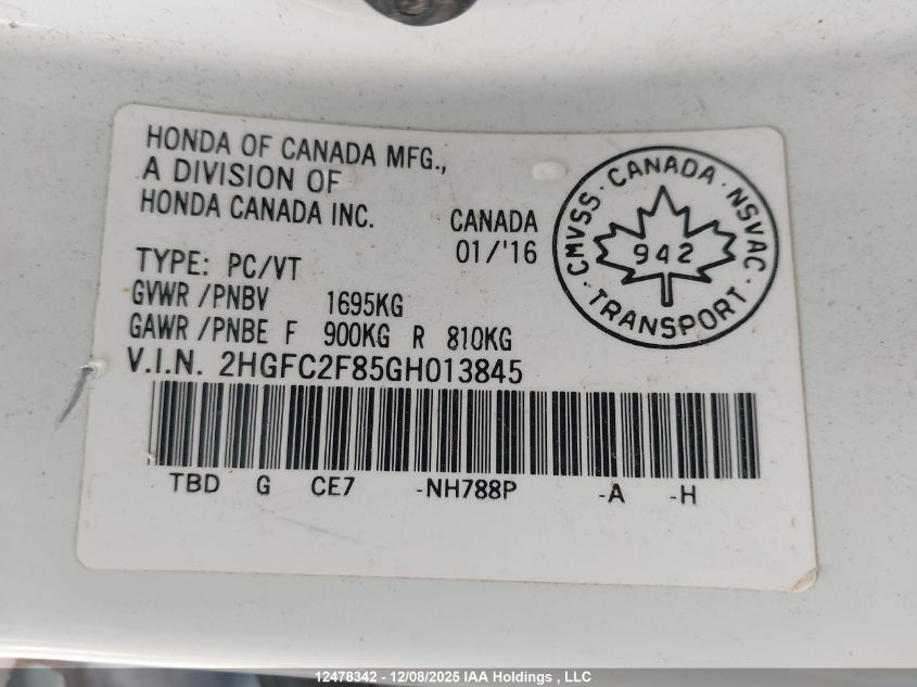 2016 Honda Civic Ex VIN: 2HGFC2F85GH013845 Lot: 12478342