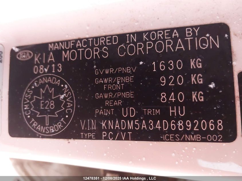 2013 Kia Rio Lx VIN: KNADM5A34D6892068 Lot: 12478351