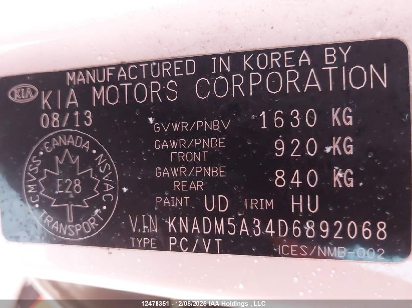 2013 Kia Rio Lx VIN: KNADM5A34D6892068 Lot: 12478351