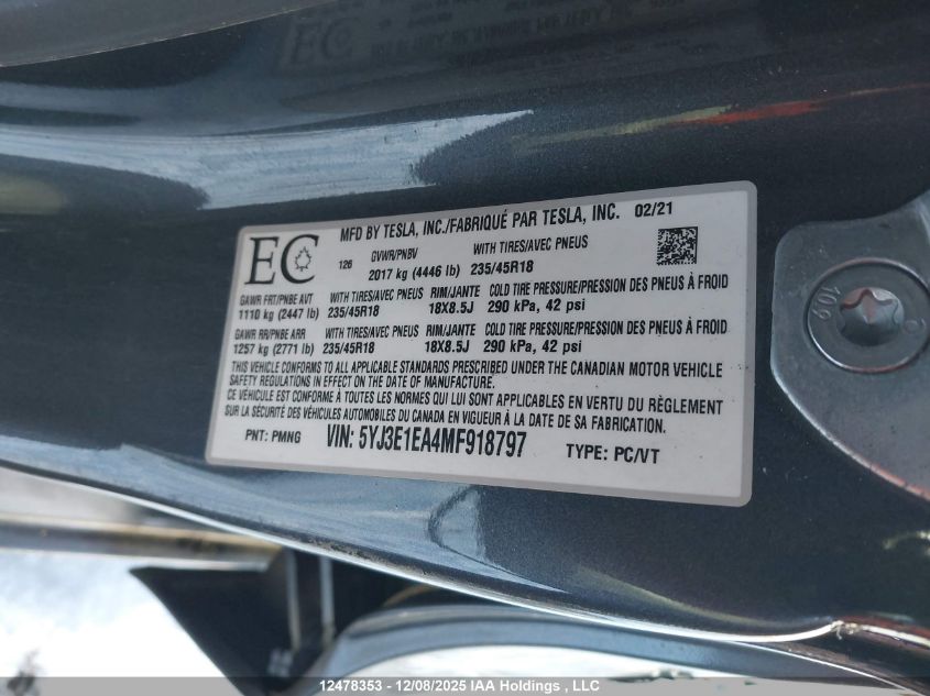 2021 Tesla Model 3 Standard Range/Standard Range Plus VIN: 5YJ3E1EA4MF918797 Lot: 12478353