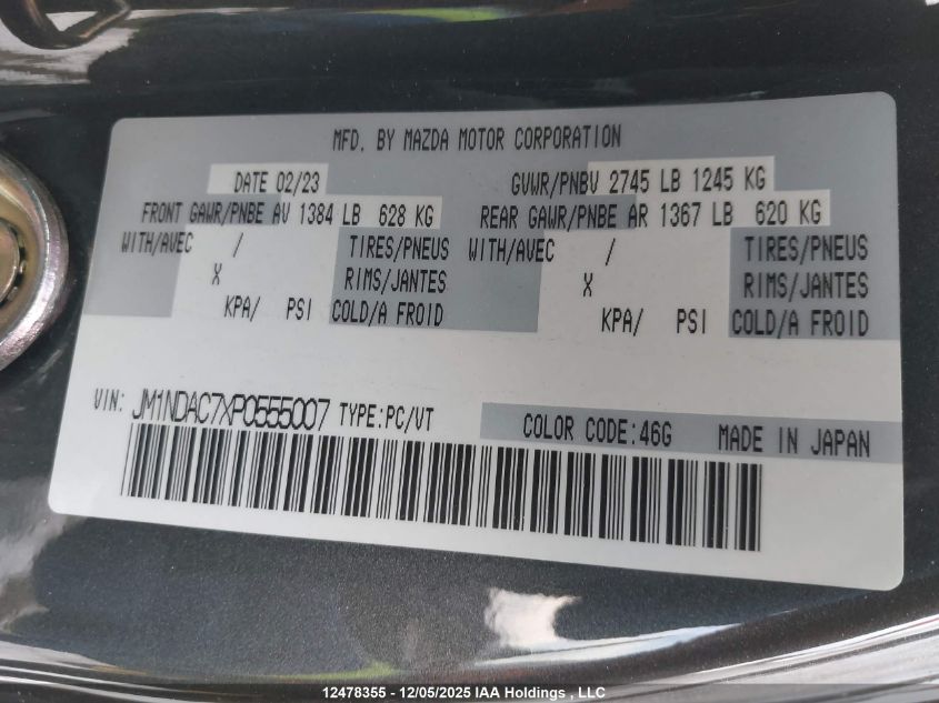 2023 Mazda Mx-5 Gs/Gs-P VIN: JM1NDAC7XP0555007 Lot: 12478355