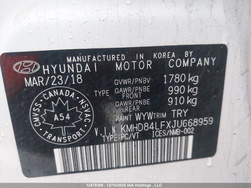 2018 Hyundai Elantra VIN: KMHD84LFXJU668959 Lot: 12478359