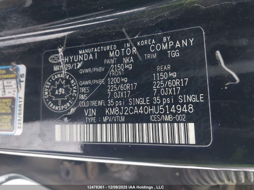 2017 Hyundai Tucson VIN: KM8J2CA40HU514948 Lot: 12478361