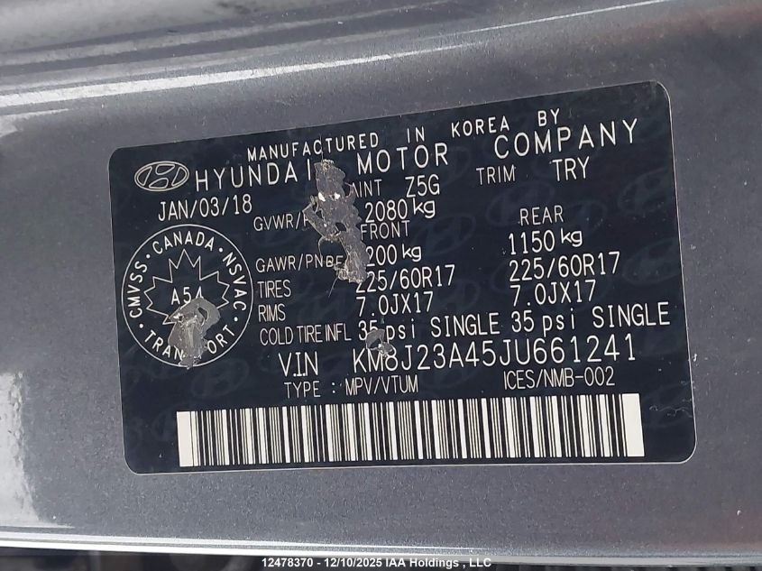 2018 Hyundai Tucson VIN: KM8J23A45JU661241 Lot: 12478370