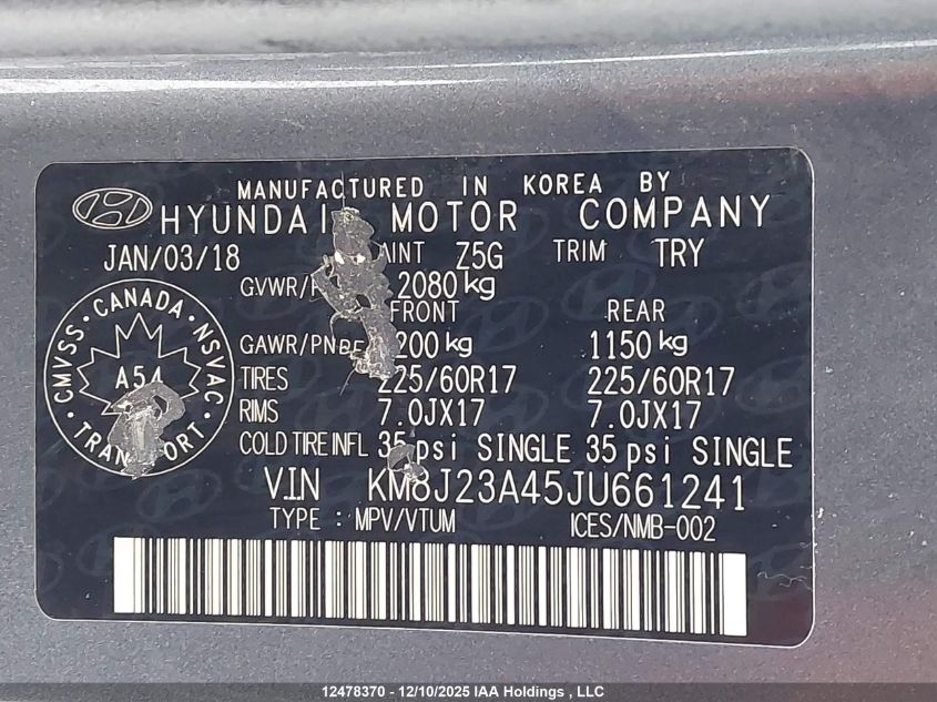 2018 Hyundai Tucson VIN: KM8J23A45JU661241 Lot: 12478370