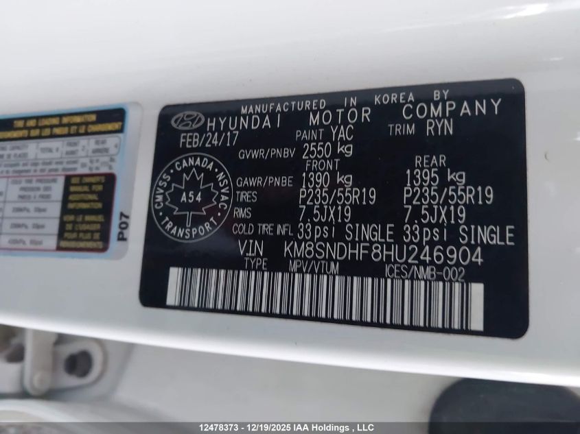 2017 Hyundai Santa Fe Se/Limited VIN: KM8SNDHF8HU246904 Lot: 12478373