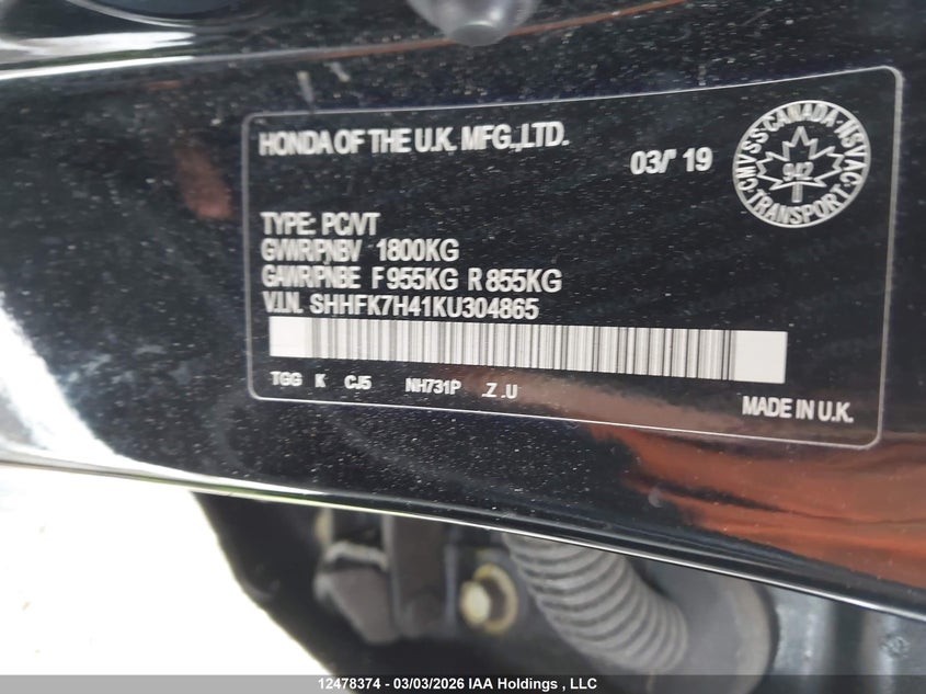 2019 Honda Civic Sport VIN: SHHFK7H41KU304865 Lot: 12478374