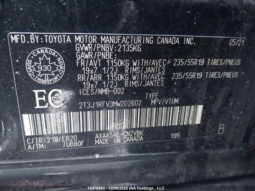 2021 Toyota Rav4 Trail VIN: 2T3J1RFV3MW202602 Lot: 12478383