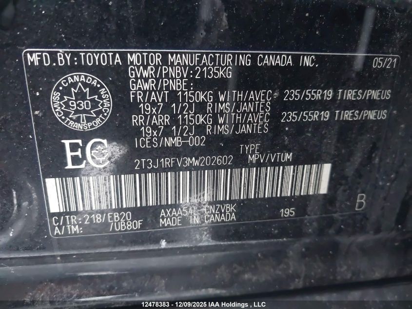 2021 Toyota Rav4 Trail VIN: 2T3J1RFV3MW202602 Lot: 12478383