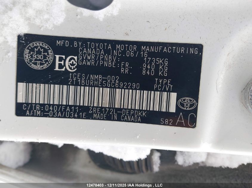 2016 Toyota Corolla L/Le/Le Pls/Prm/S/S Pls VIN: 2T1BURHE5GC692290 Lot: 12478403