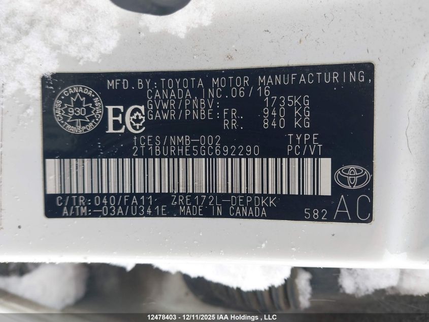 2016 Toyota Corolla L/Le/Le Pls/Prm/S/S Pls VIN: 2T1BURHE5GC692290 Lot: 12478403