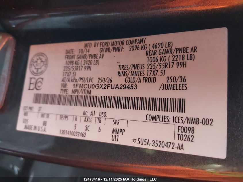 2015 Ford Escape Se VIN: 1FMCU0GX2FUA29453 Lot: 12478416