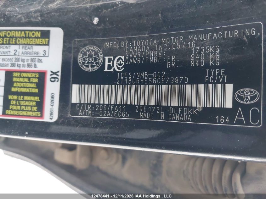 2016 Toyota Corolla Ce VIN: 2T1BURHE5GC673870 Lot: 12478441